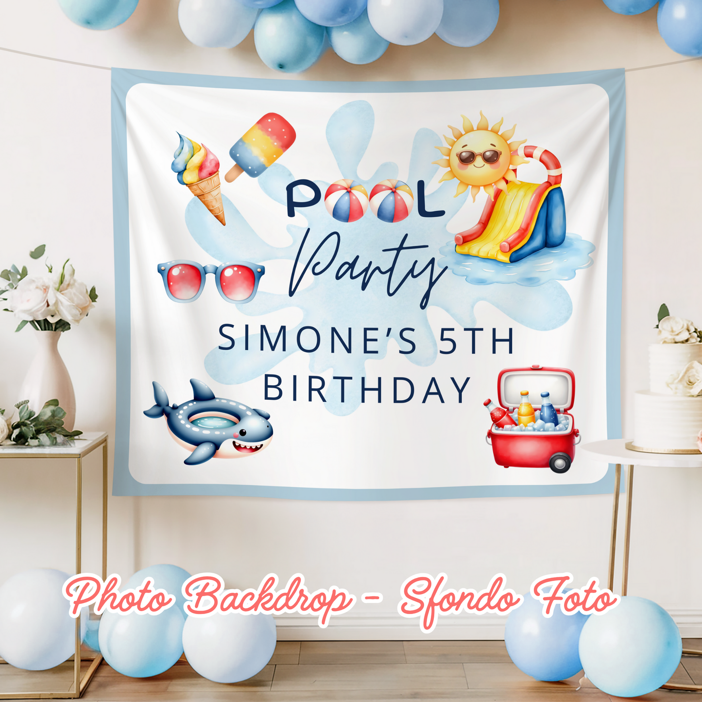 KIT FESTA POOL PARTY – DECORAZIONI DIGITALI TEMA PISCINA DA STAMPARE E PERSONALIZZARE