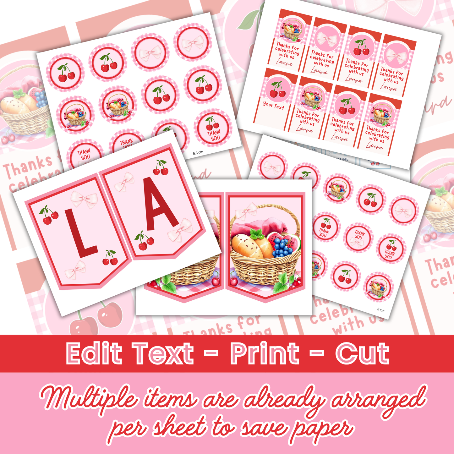 KIT FESTA CILIEGIE – DECORAZIONI DIGITALI TEMA PICNIC DA STAMPARE E PERSONALIZZARE