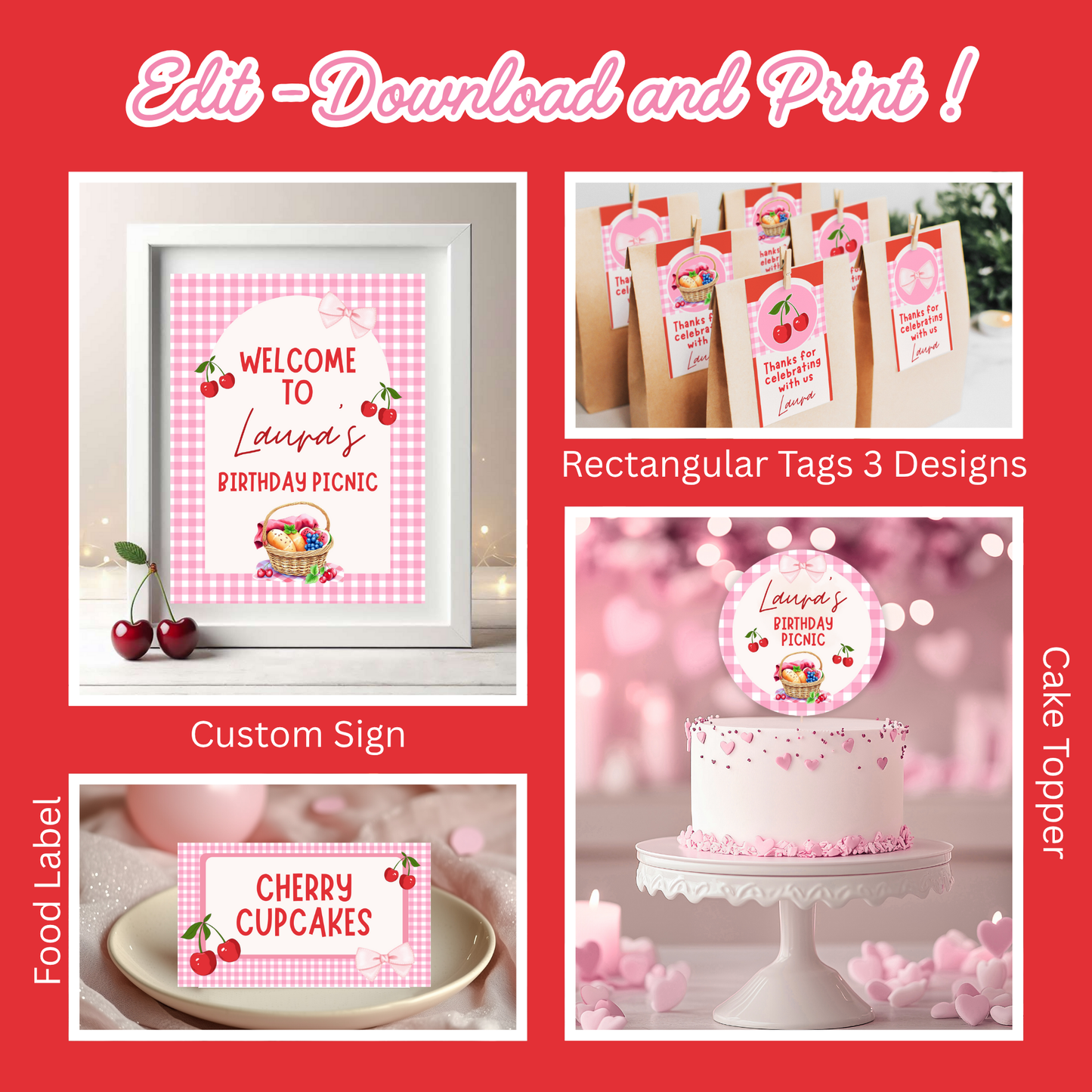 KIT FESTA CILIEGIE – DECORAZIONI DIGITALI TEMA PICNIC DA STAMPARE E PERSONALIZZARE