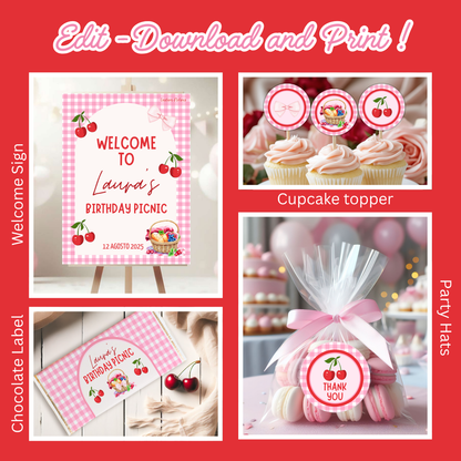 KIT FESTA CILIEGIE – DECORAZIONI DIGITALI TEMA PICNIC DA STAMPARE E PERSONALIZZARE