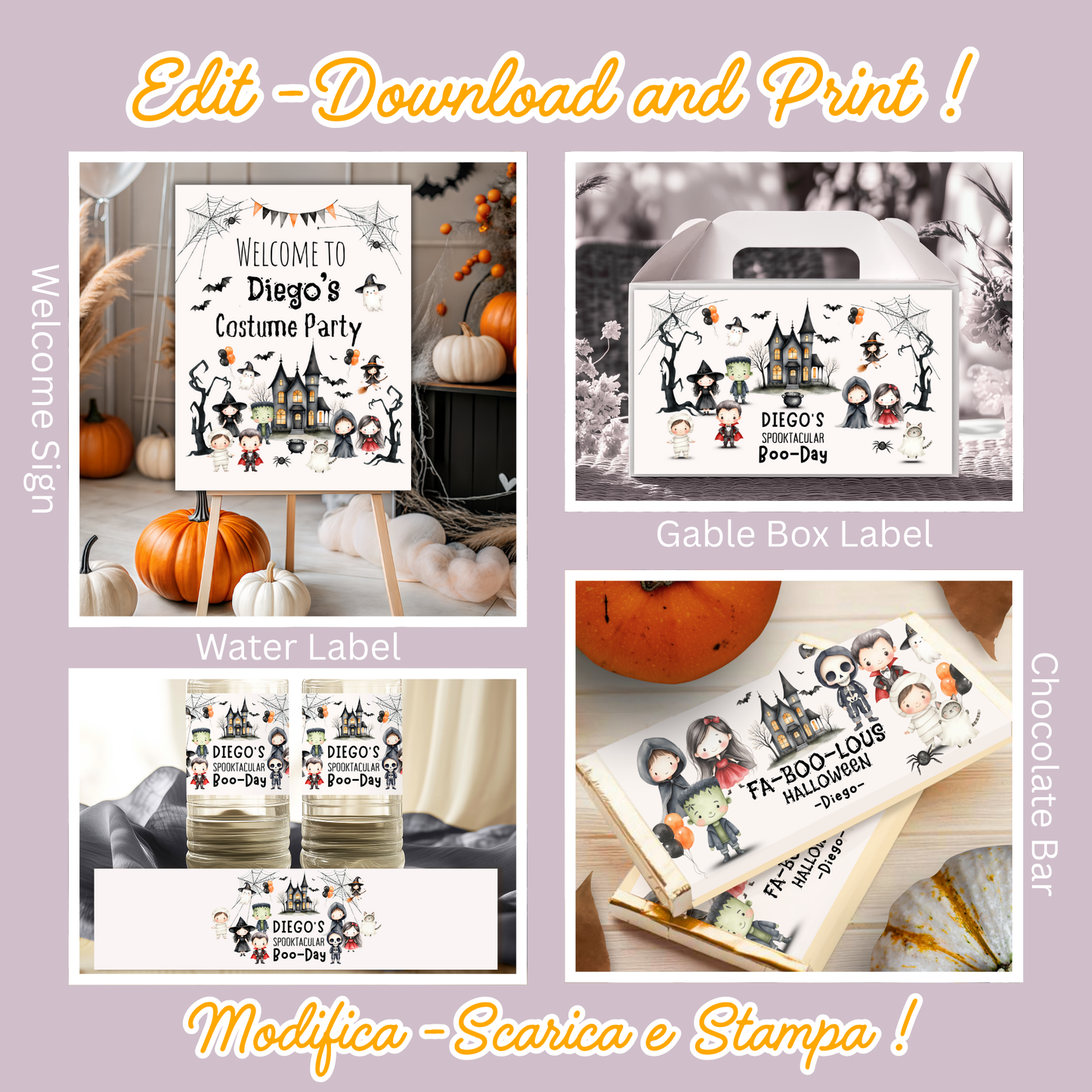 KIT FESTA HALLOWEEN PARTY – DECORAZIONI DIGITALI TEMA FESTA IN COSTUME PER BAMBINI DA STAMPARE E PERSONALIZZARE