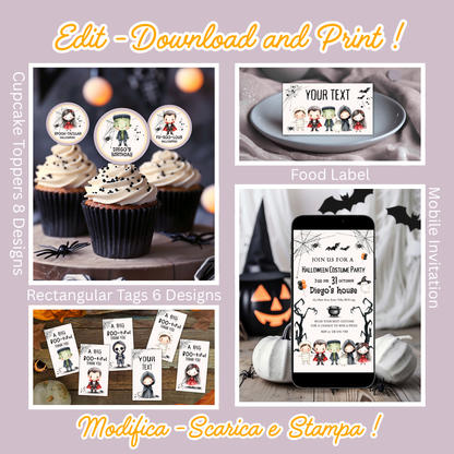KIT FESTA HALLOWEEN PARTY – DECORAZIONI DIGITALI TEMA FESTA IN COSTUME PER BAMBINI DA STAMPARE E PERSONALIZZARE