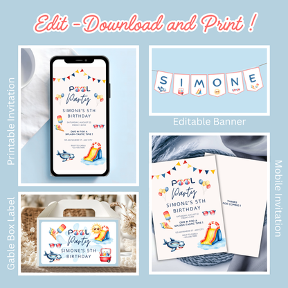 KIT FESTA POOL PARTY – DECORAZIONI DIGITALI TEMA PISCINA DA STAMPARE E PERSONALIZZARE