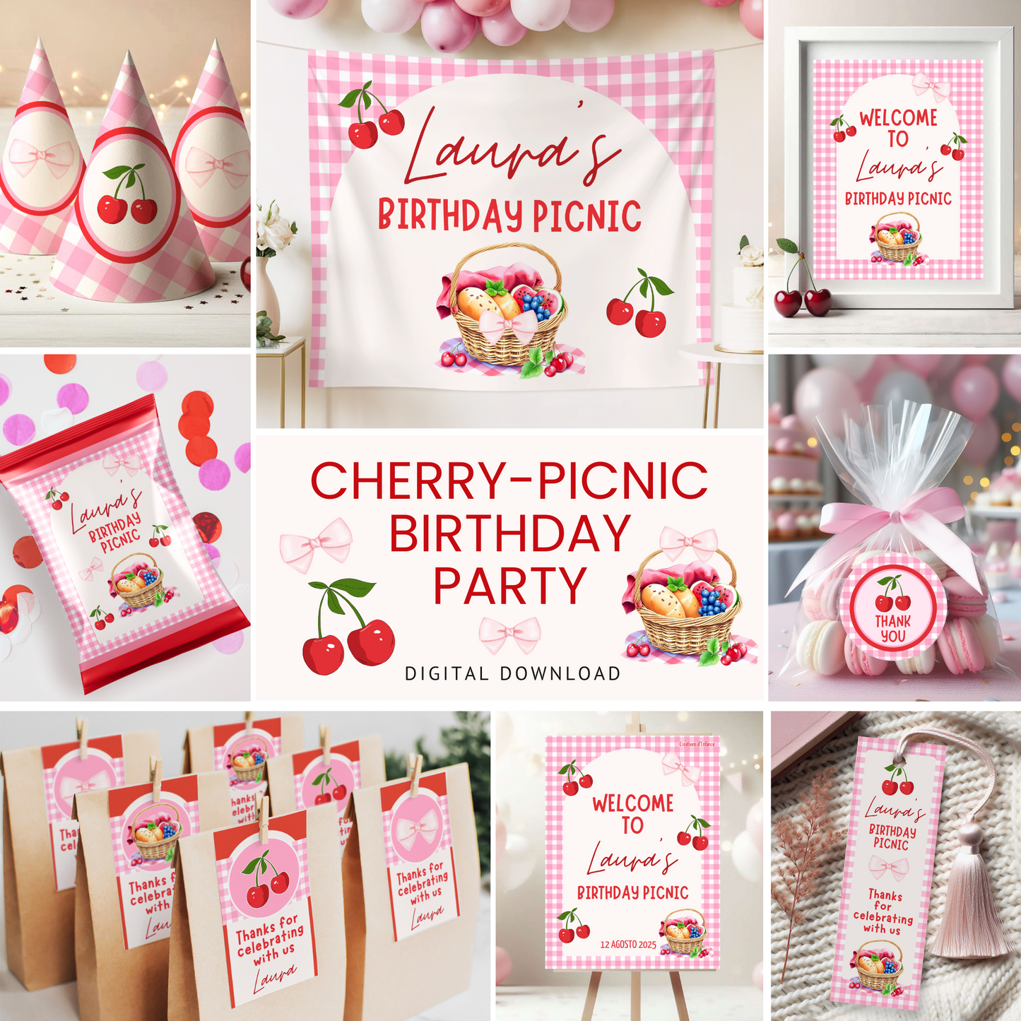 KIT FESTA CILIEGIE – DECORAZIONI DIGITALI TEMA PICNIC DA STAMPARE E PERSONALIZZARE