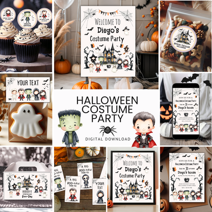 KIT FESTA HALLOWEEN PARTY – DECORAZIONI DIGITALI TEMA FESTA IN COSTUME PER BAMBINI DA STAMPARE E PERSONALIZZARE