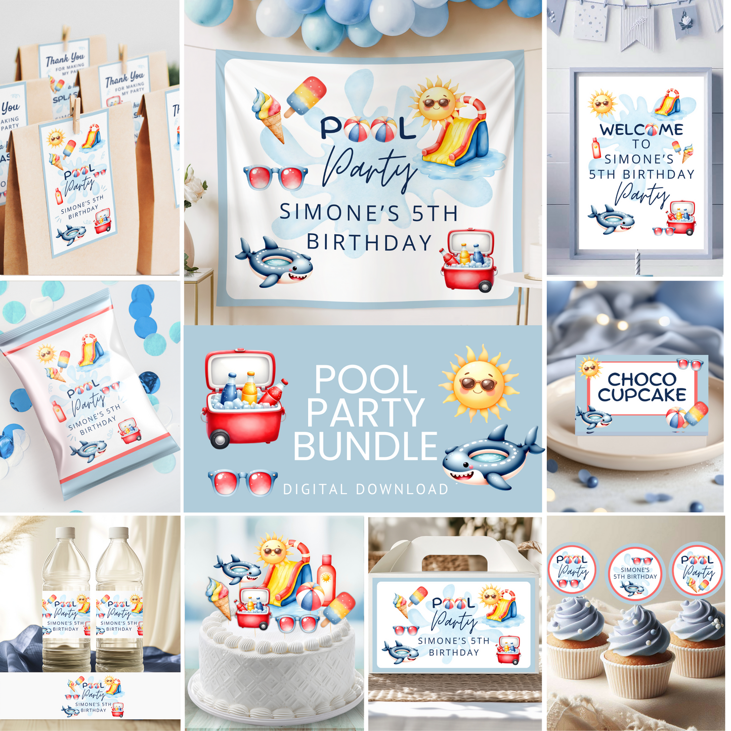 KIT FESTA POOL PARTY – DECORAZIONI DIGITALI TEMA PISCINA DA STAMPARE E PERSONALIZZARE