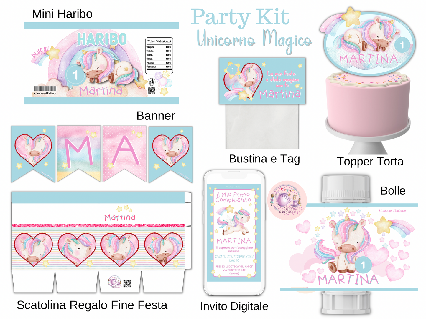 PARTY KIT UNICORNO MAGICO E ARCOBALENO, decorazioni Battesimo, Comunione, Cresima, primo compleanno, 2 anni, bambina, baby shower, invito digitale tema unicorni