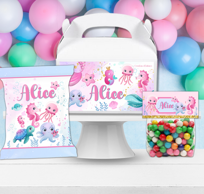 PARTY KIT ANIMALI MARINI. Decorazioni per compleanno bambina tema animali marini, coordinato festa sirena e pesci.