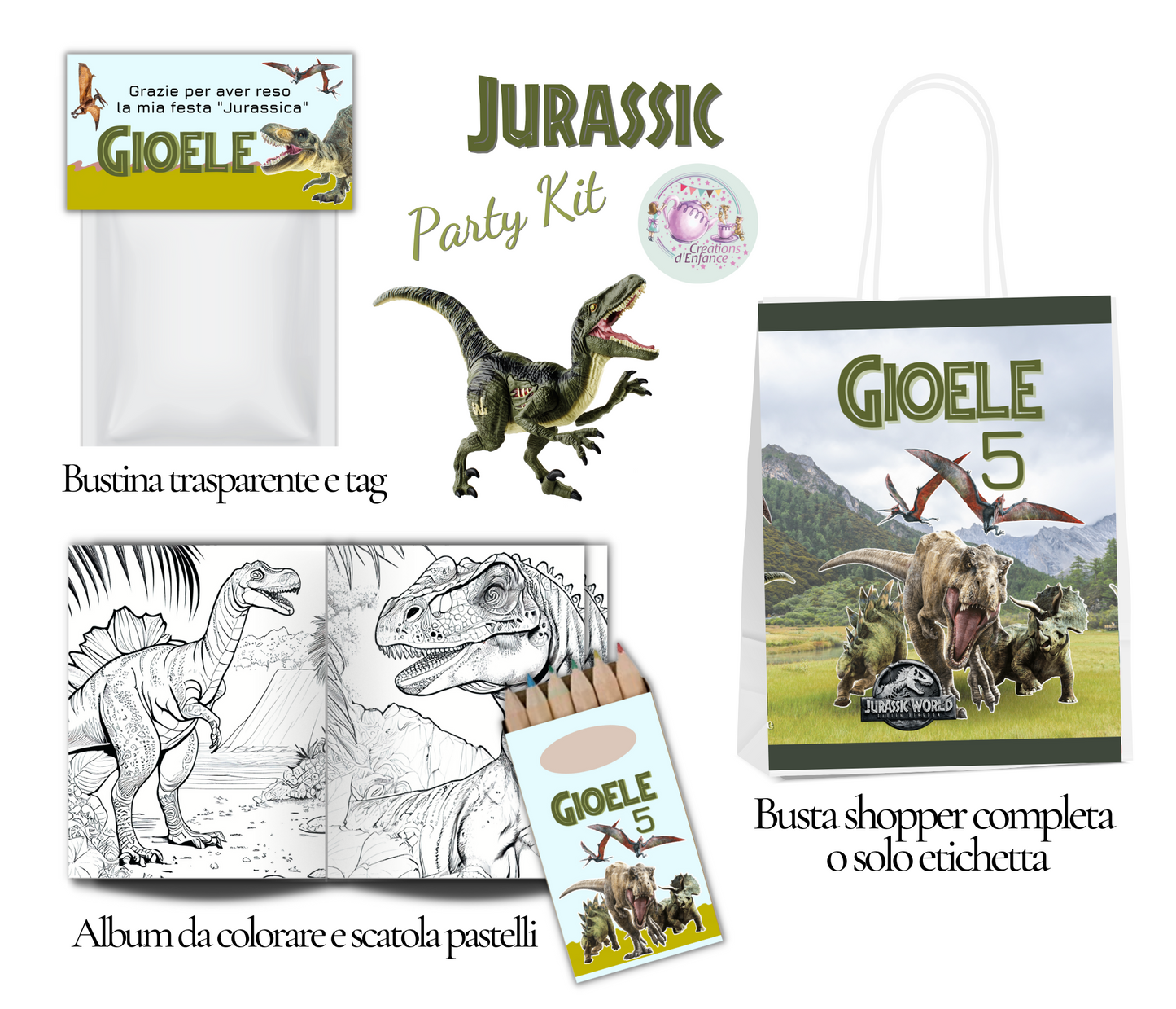 PARTY KIT JURASSIC DINOSAURI. Decorazioni per compleanno bambino tema dinosauri, coordinato festa.