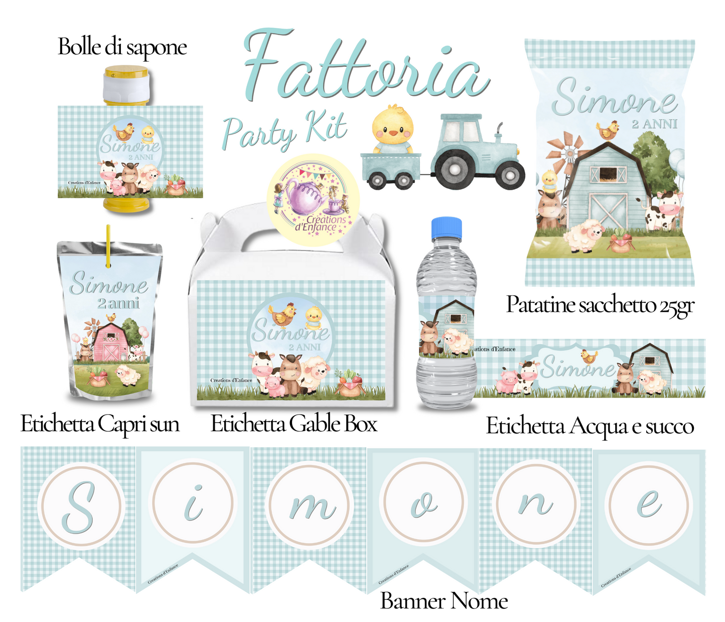 PARTY KIT la FATTORIA degli animali rosa o azzurro. Decorazioni per compleanno bambina e bambino tema animali, coordinato festa fattoria Battesimo, Comunione, festa all'aperto.