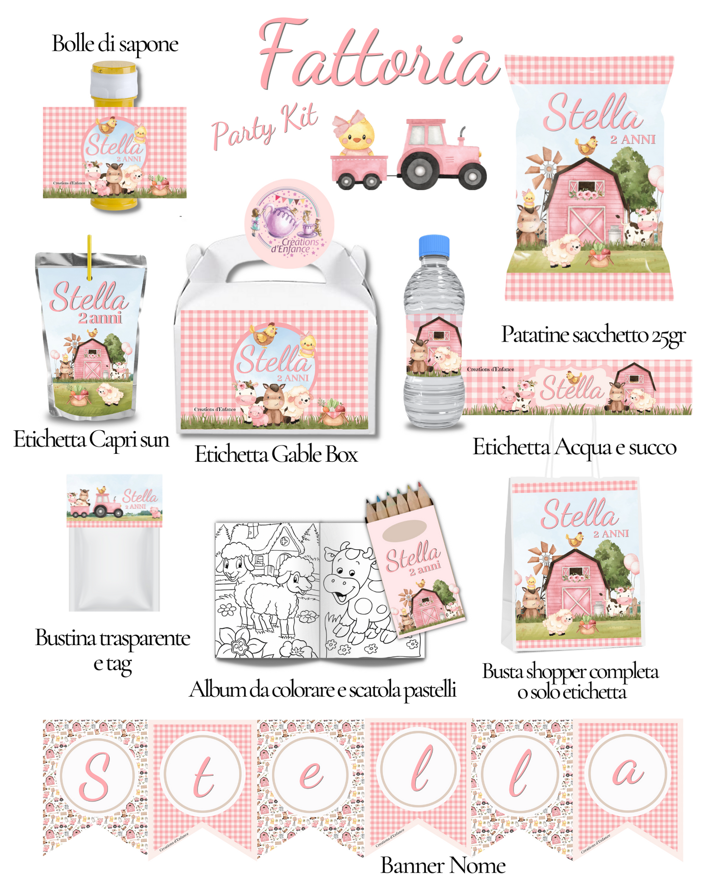 PARTY KIT la FATTORIA degli animali rosa o azzurro. Decorazioni per compleanno bambina e bambino tema animali, coordinato festa fattoria Battesimo, Comunione, festa all'aperto.