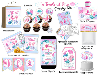 PARTY KIT ANIMALI MARINI. Decorazioni per compleanno bambina tema animali marini, coordinato festa sirena e pesci.