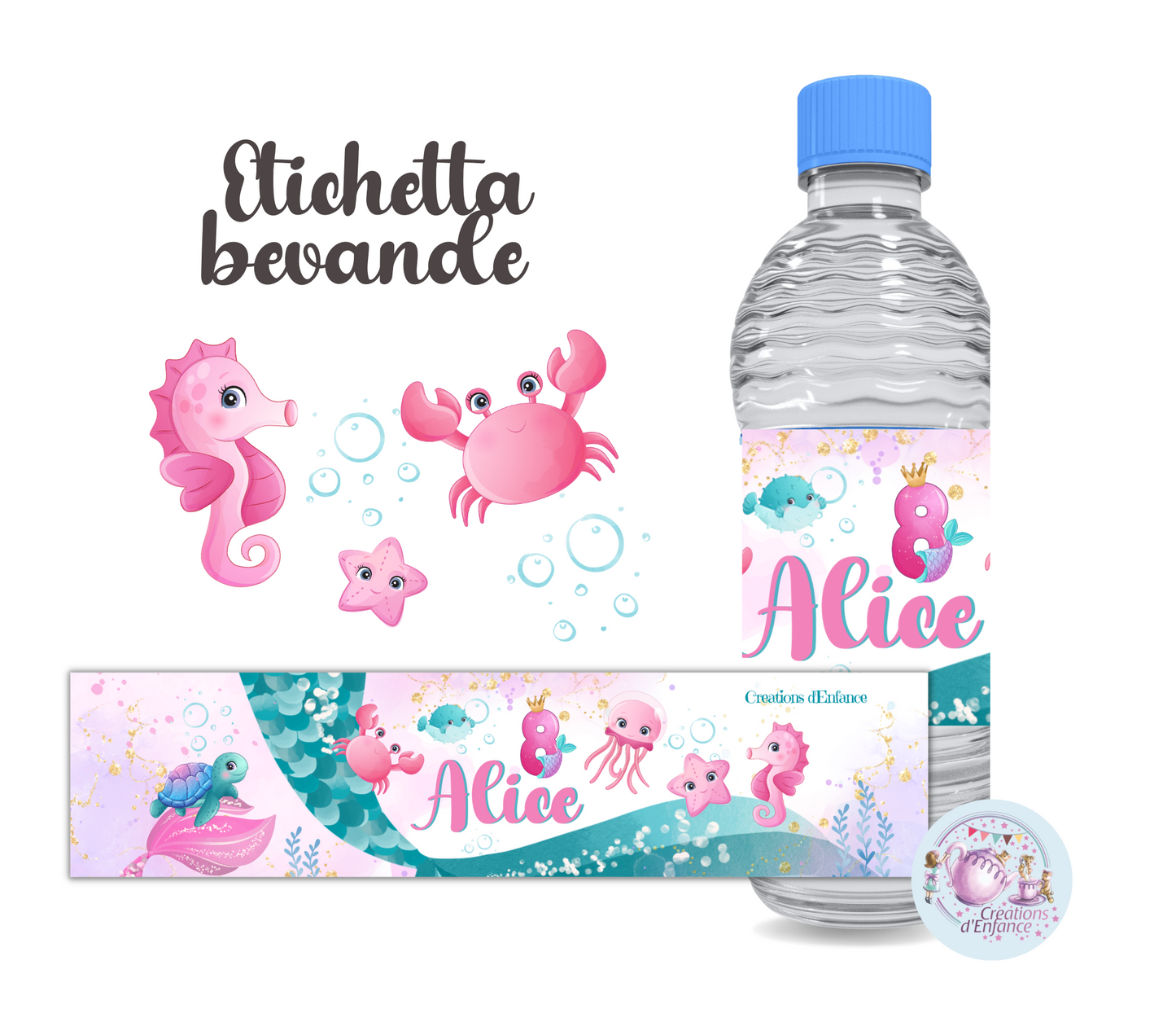 PARTY KIT ANIMALI MARINI. Decorazioni per compleanno bambina tema animali marini, coordinato festa sirena e pesci.