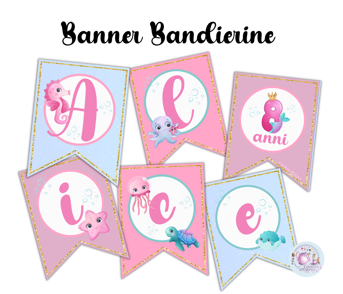 PARTY KIT ANIMALI MARINI. Decorazioni per compleanno bambina tema animali marini, coordinato festa sirena e pesci.