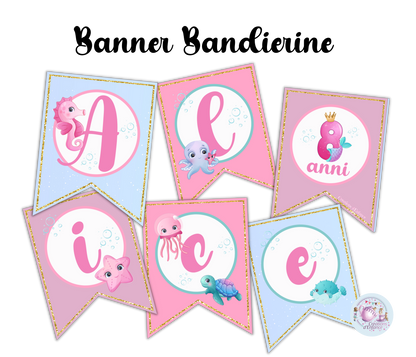 PARTY KIT ANIMALI MARINI. Decorazioni per compleanno bambina tema animali marini, coordinato festa sirena e pesci.