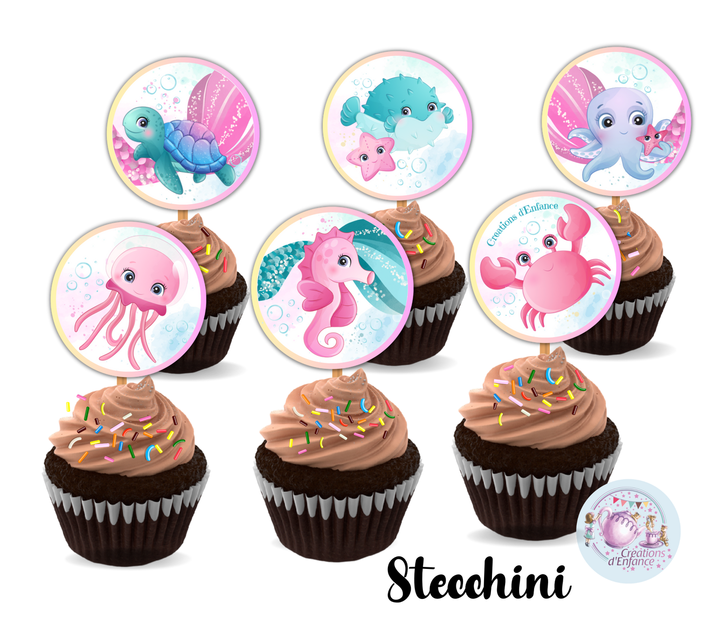 PARTY KIT ANIMALI MARINI. Decorazioni per compleanno bambina tema animali marini, coordinato festa sirena e pesci.